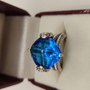 Blue Glass Checkerboard Cut Glass 925 Silver Statement Ring